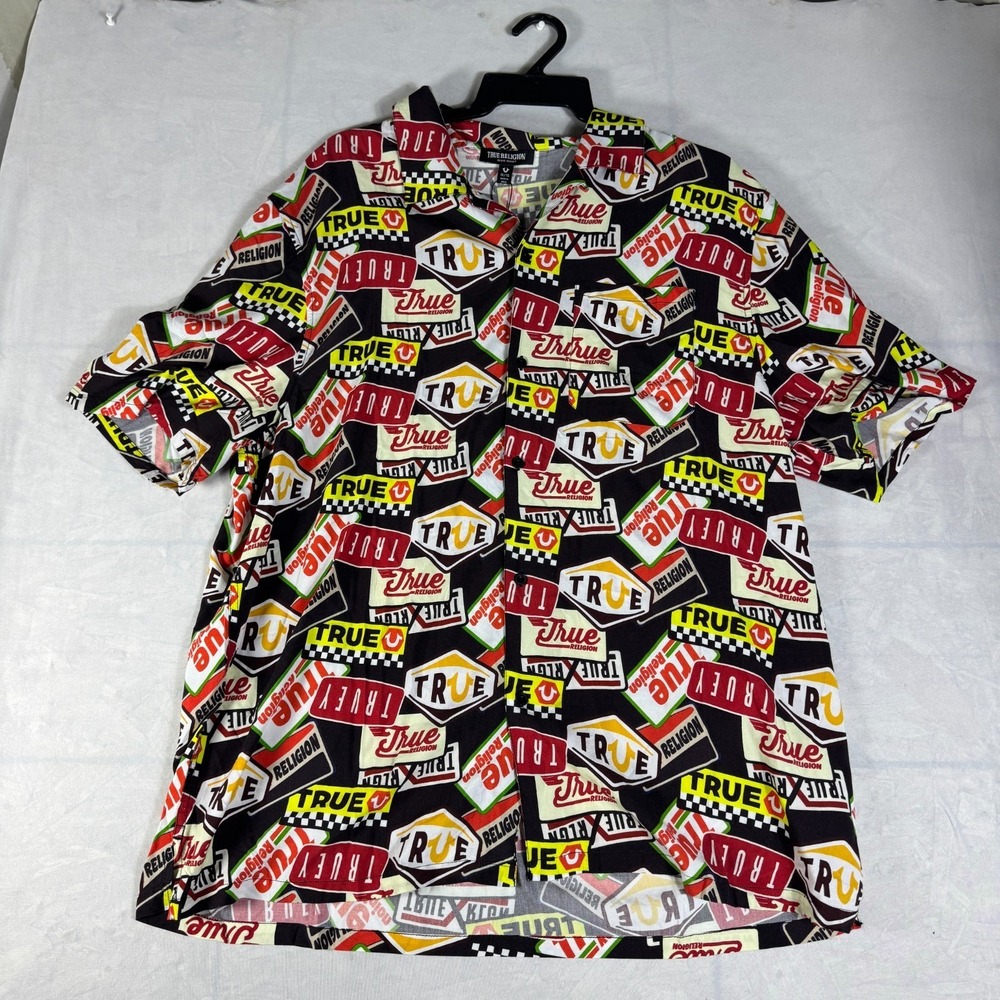 NWT True Religion Mens Button Up Camp Shirt Black All-Over Print Short Sleeve XL